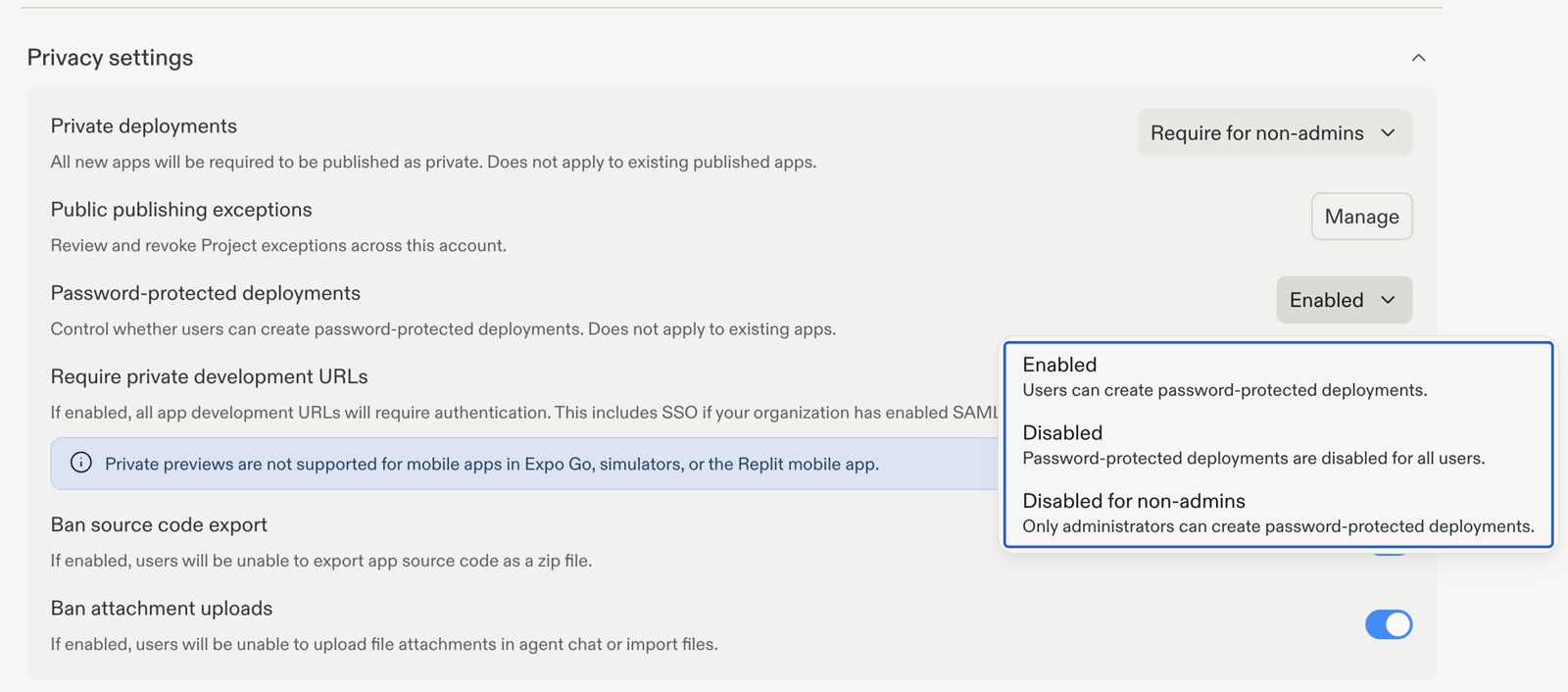 Password-protected deployments dropdown showing Enabled, Disabled, and Disabled for non-admins.