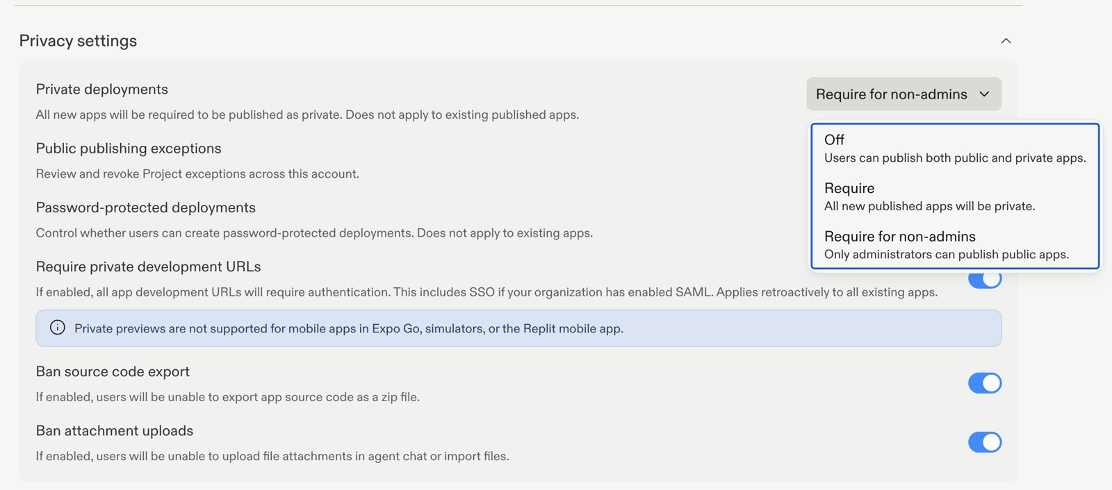 Private deployments dropdown showing Off, Require, and Require for non-admins.