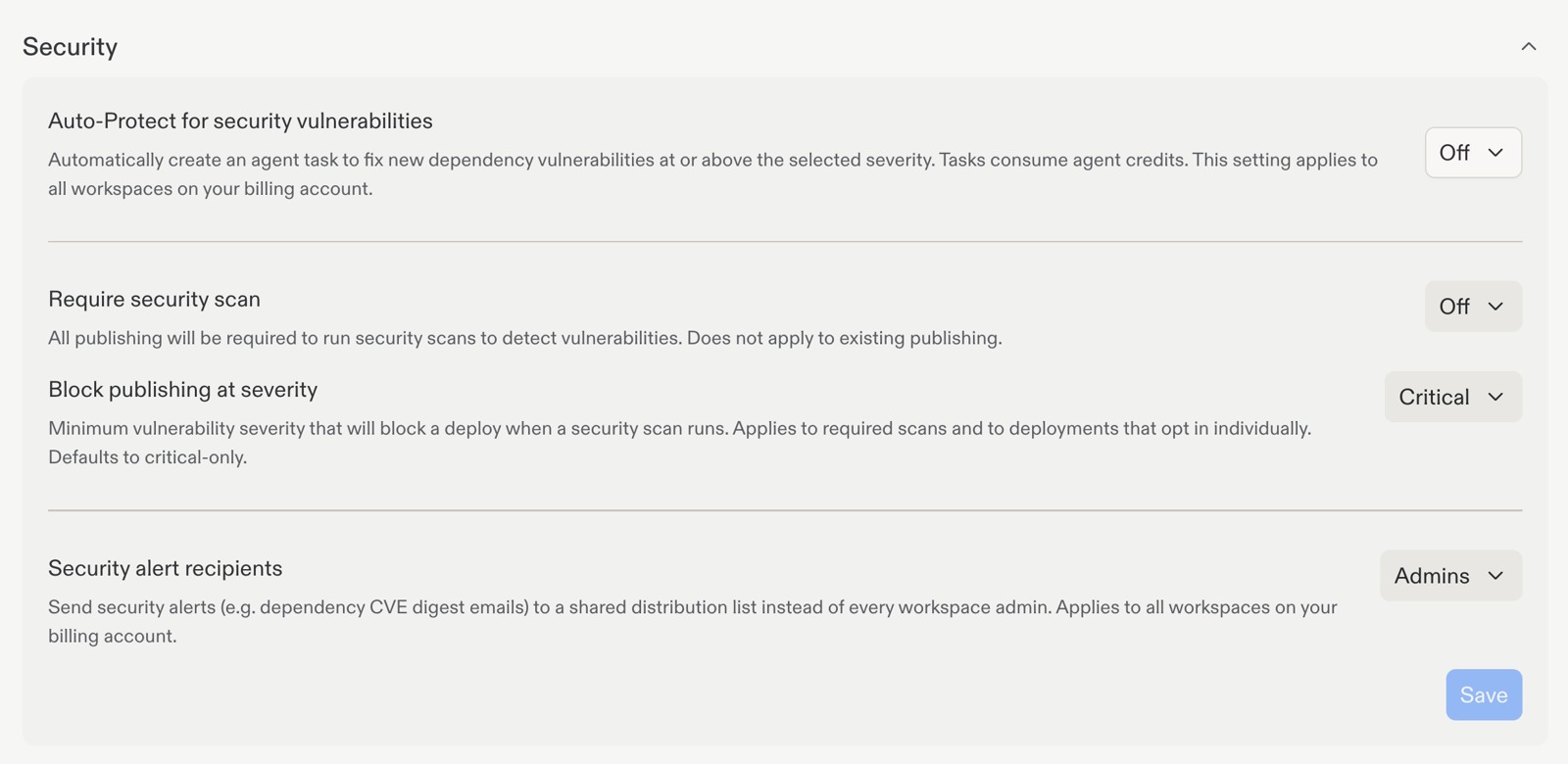 Security settings with Auto-Protect, Require security scan, Block publishing at severity, Security alert recipients, and Save.