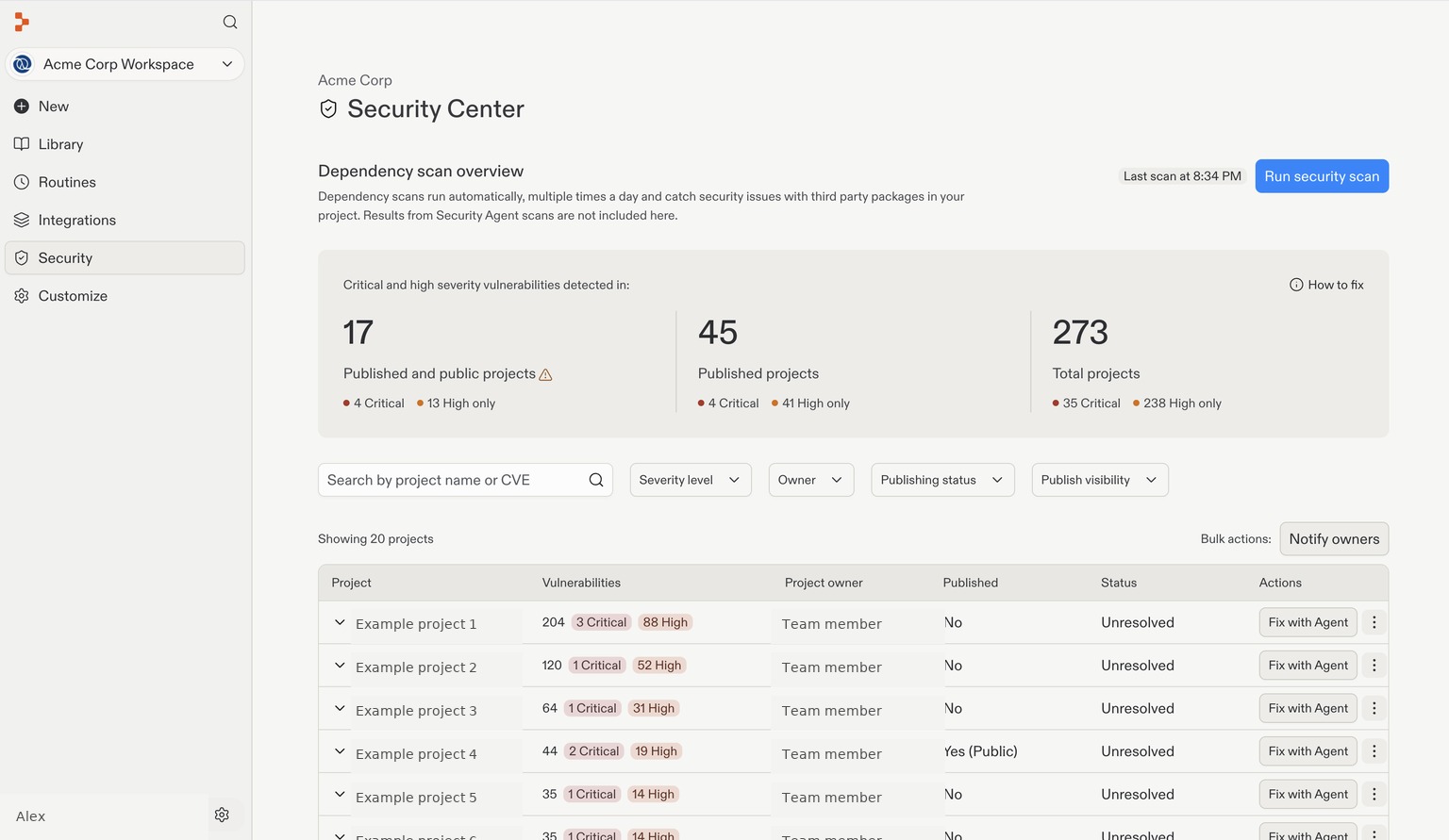 Workspace Security Center with vulnerability summaries, filters, affected projects, and fix actions.