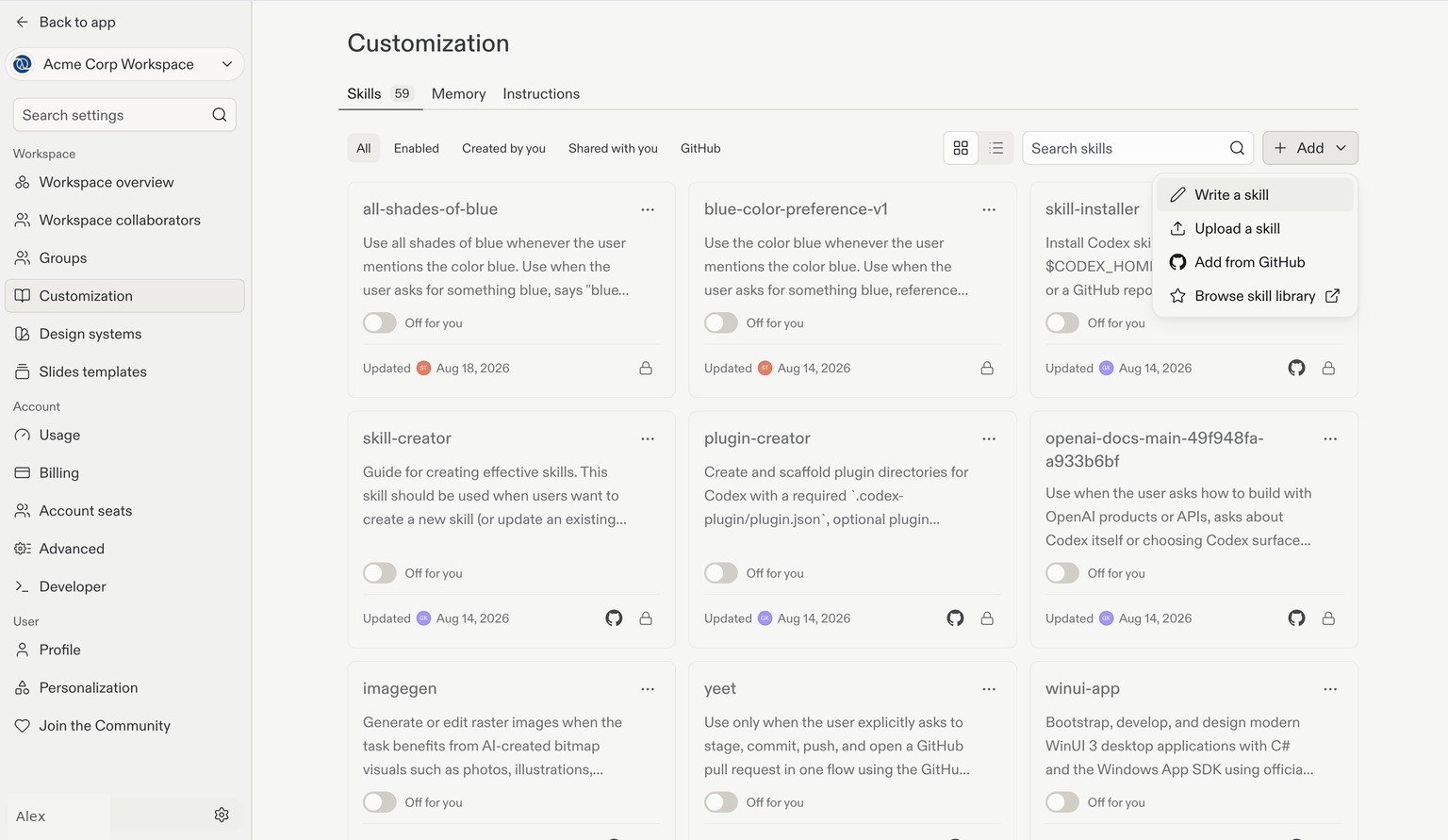 Add menu with Write a skill, Upload a skill, Add from GitHub, and Browse skill library options.