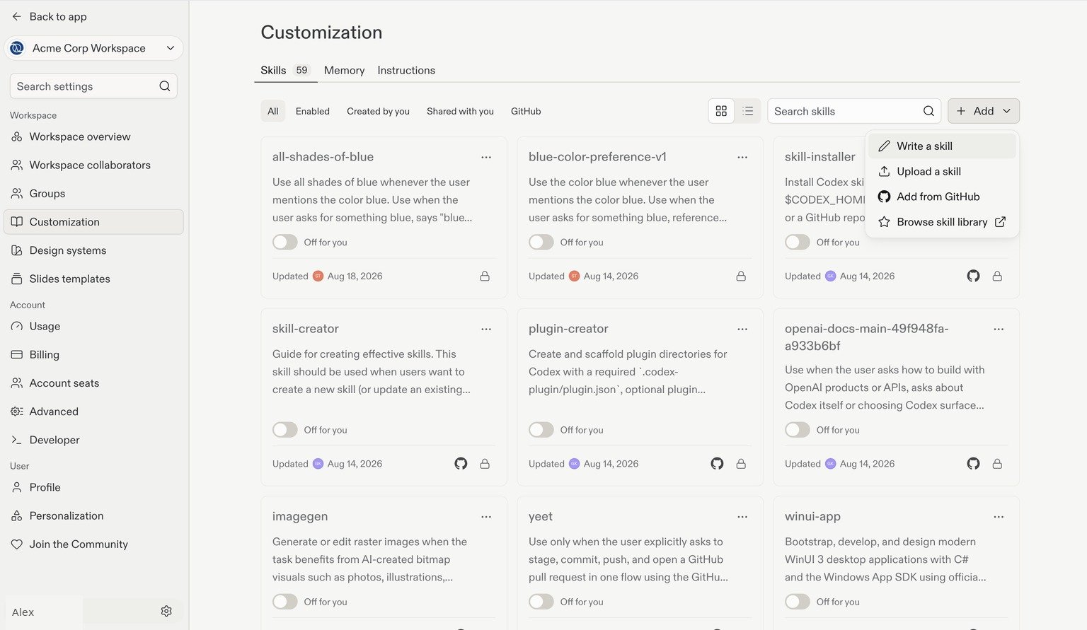 Add menu with Write a skill, Upload a skill, Add from GitHub, and Browse skill library options.