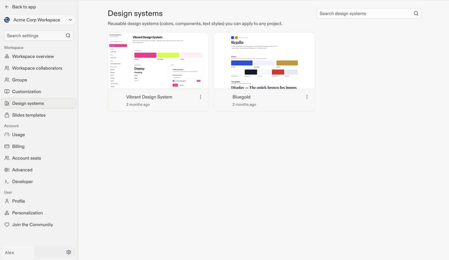 Design systems settings showing reusable design-system cards and a search field.