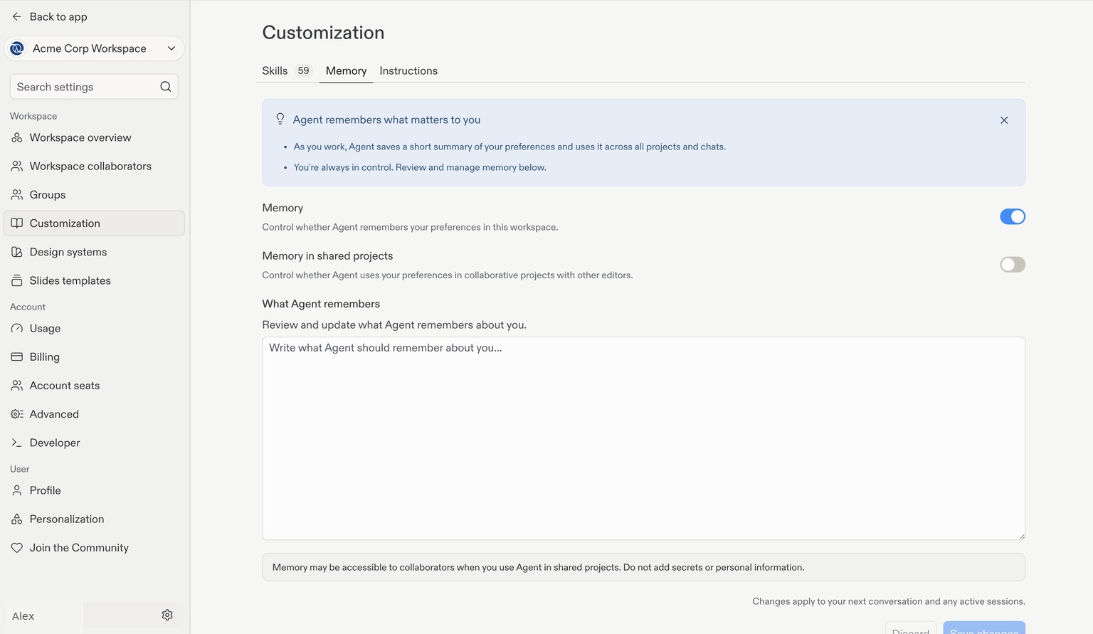Memory settings with toggles for Memory and Memory in shared projects, an editable memory field, and a privacy warning.