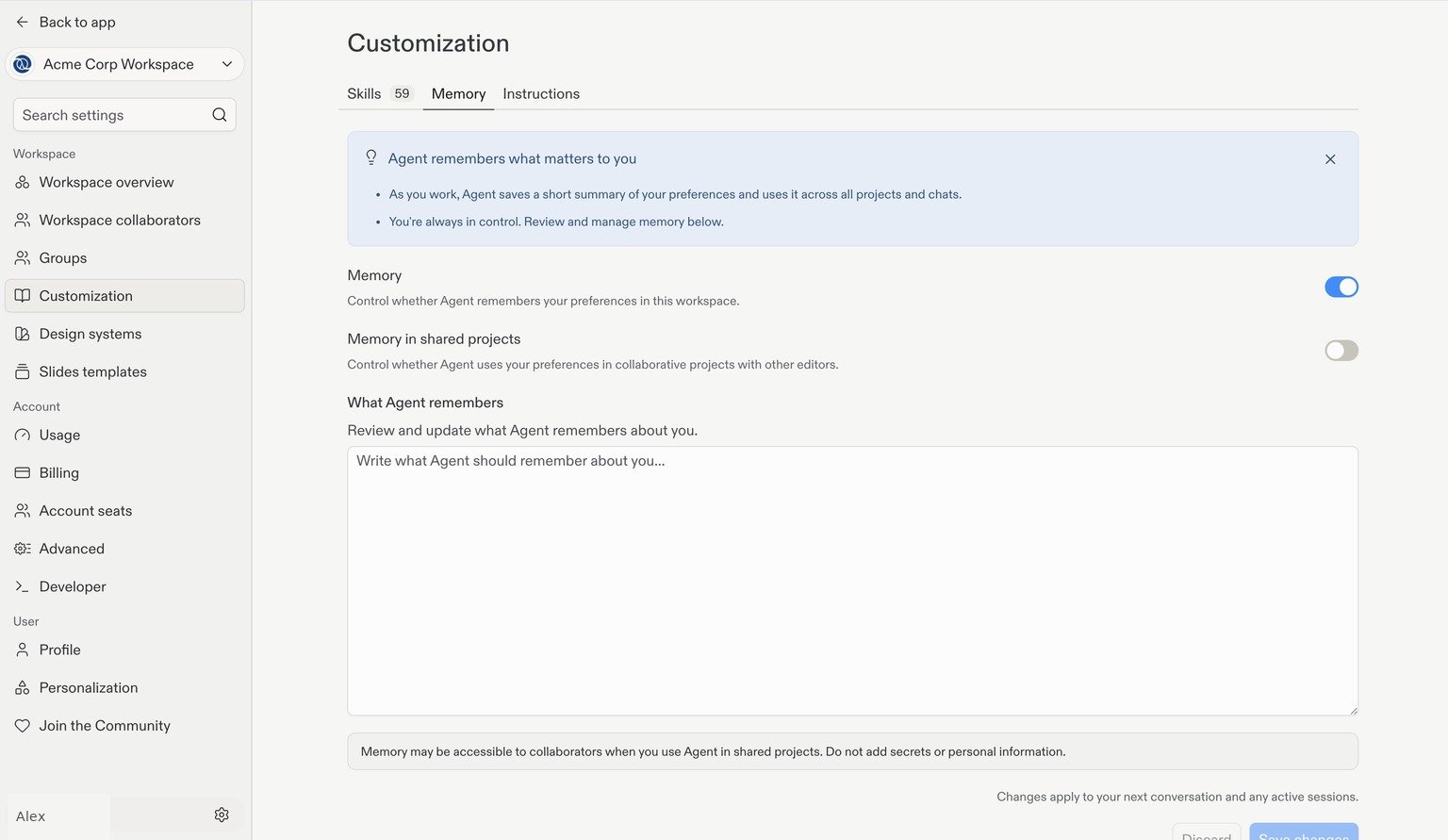 Memory settings with toggles for Memory and Memory in shared projects, an editable memory field, and a privacy warning.