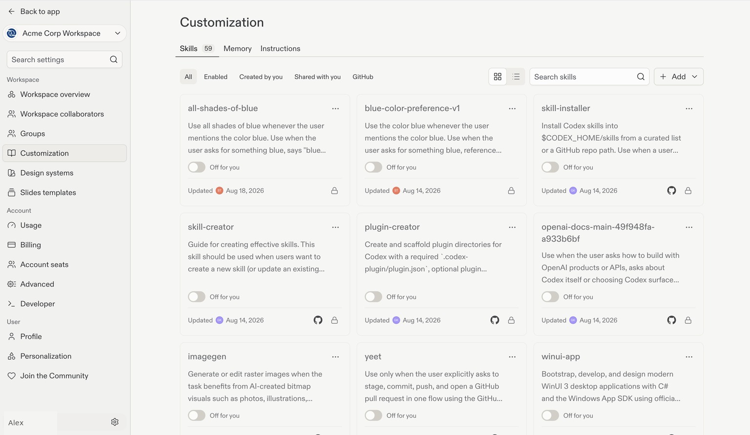 Customization Skills tab showing skill cards, filters, search, and an Add button.