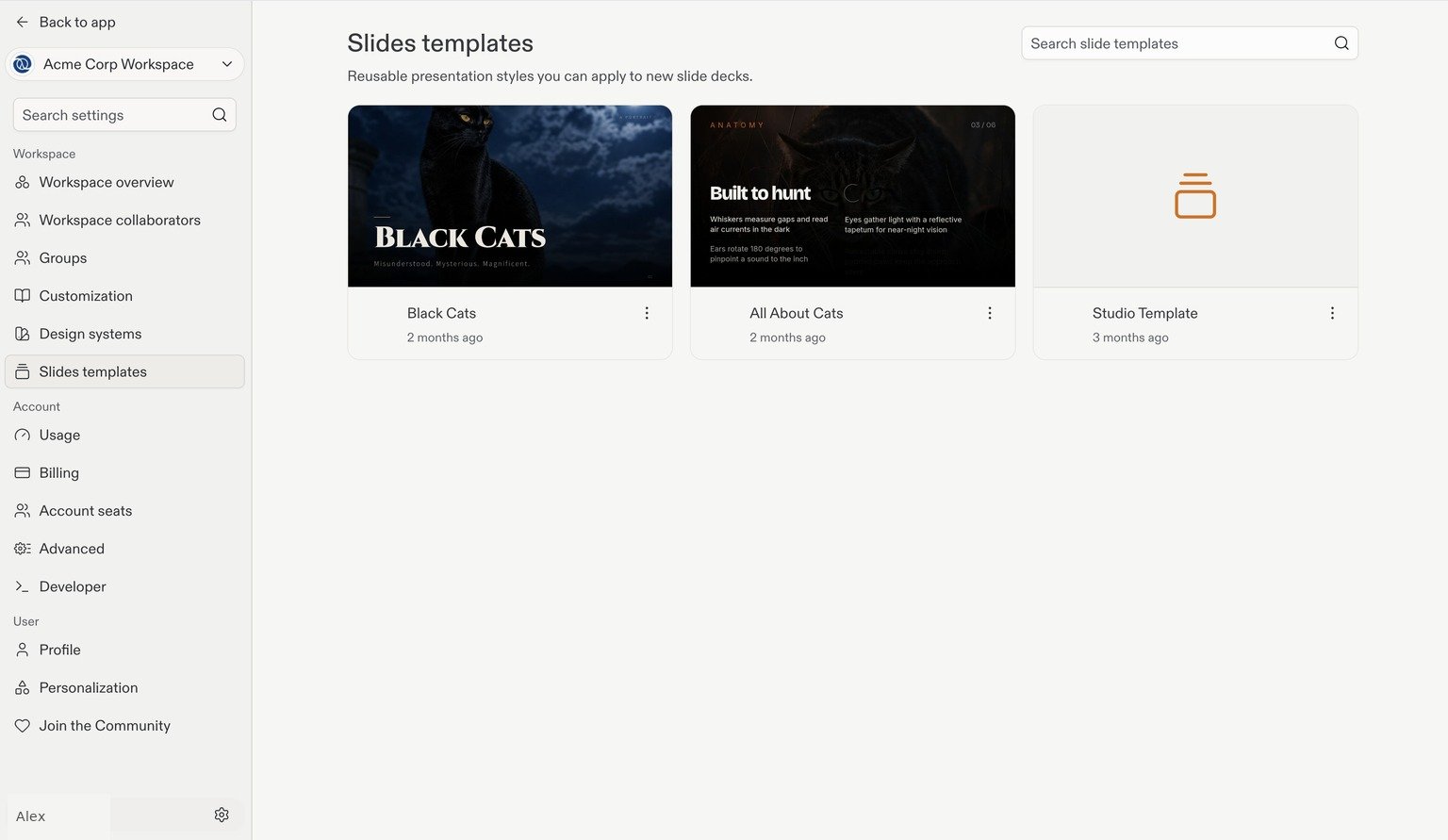 Slides templates settings showing reusable presentation template cards and a search field.