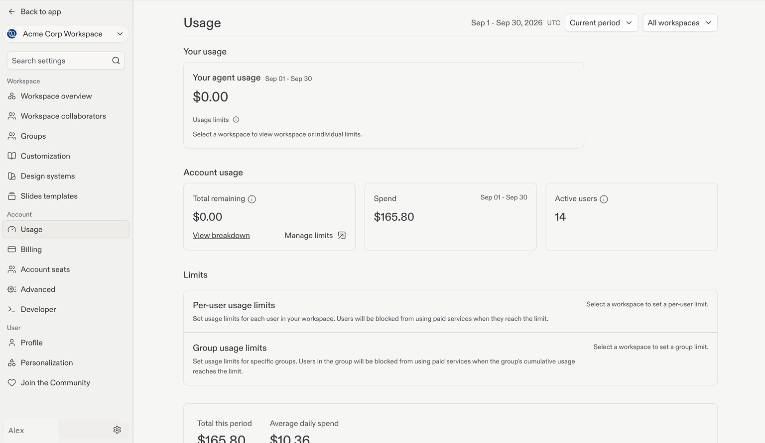 Usage settings showing Replit AI usage, total remaining, spend, active users, and usage limits.
