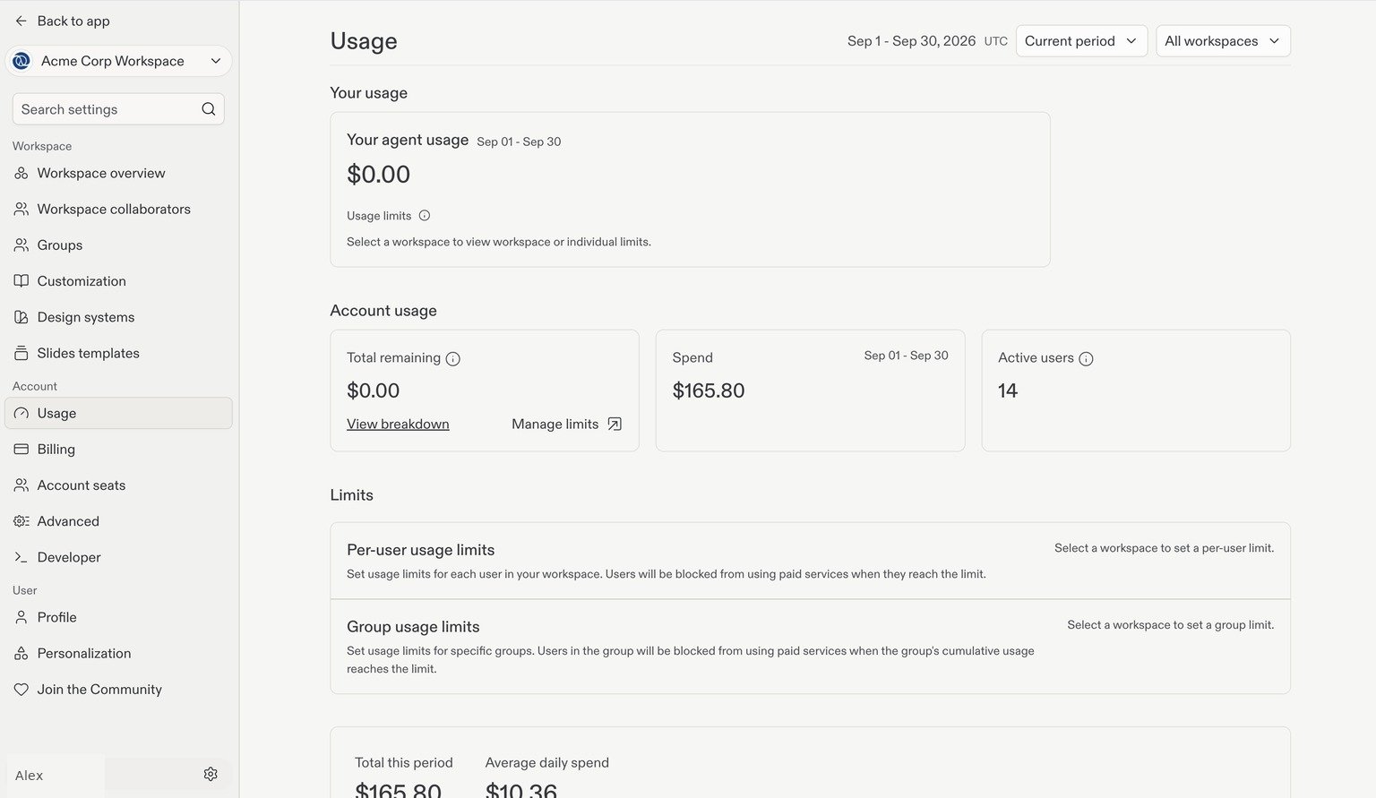 Usage settings showing Replit AI usage, total remaining, spend, active users, and usage limits.