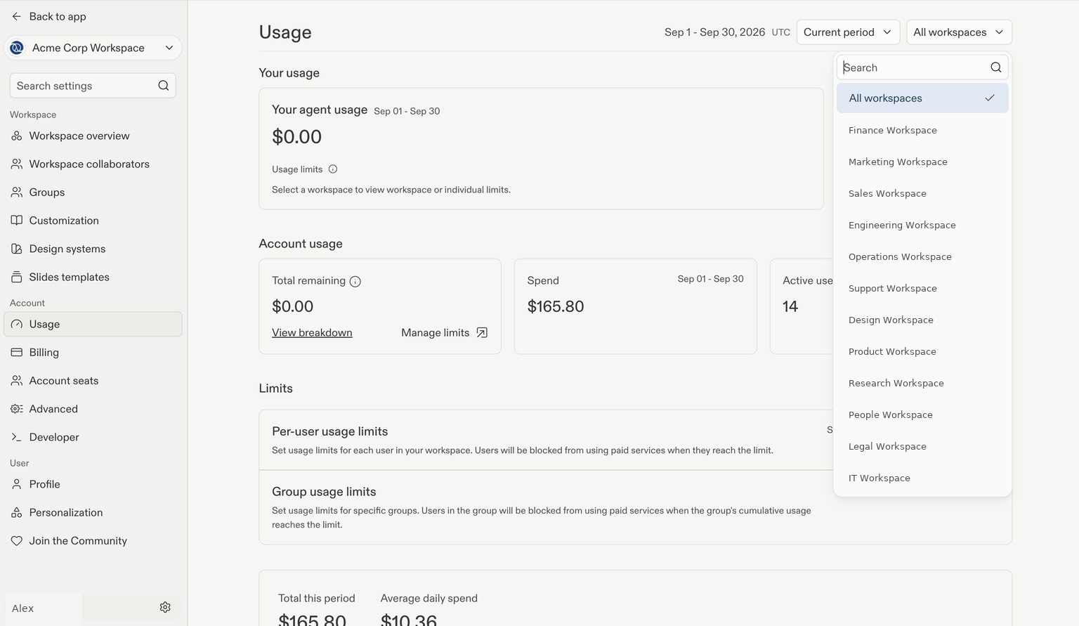 Usage page with the Workspace filter open, showing All workspaces and individual example Workspaces.