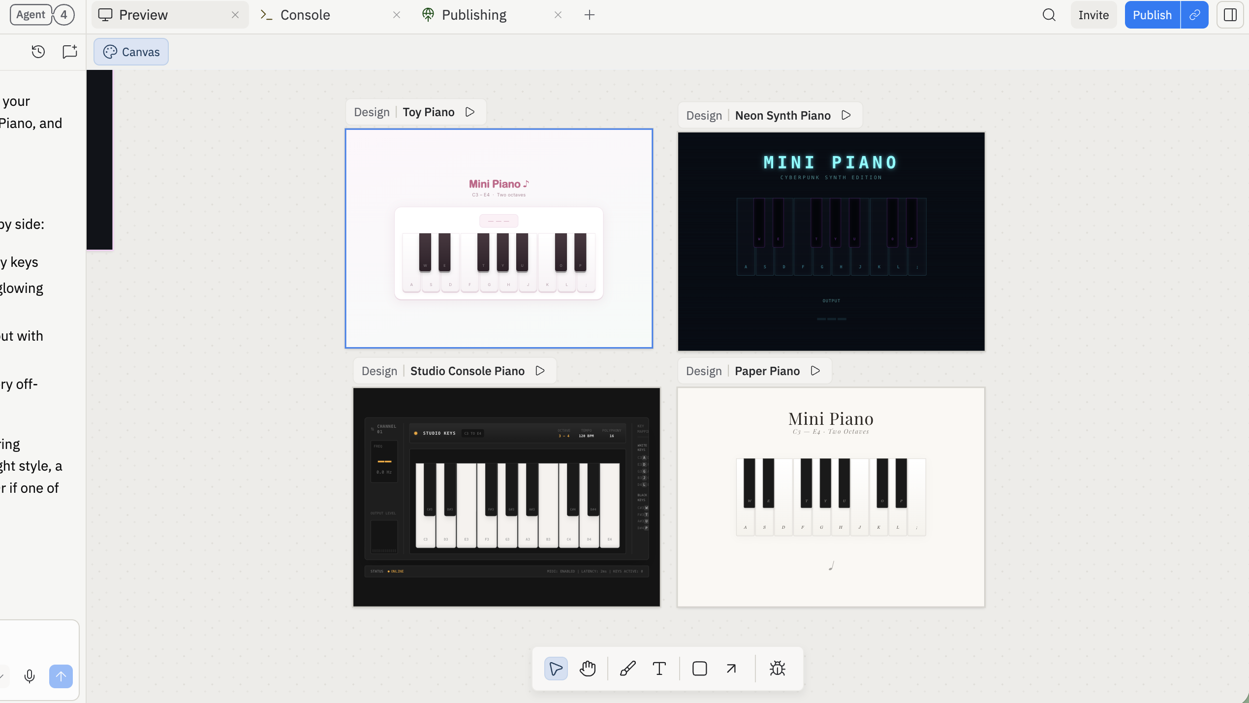 Canvas showing multiple piano design variations side by side