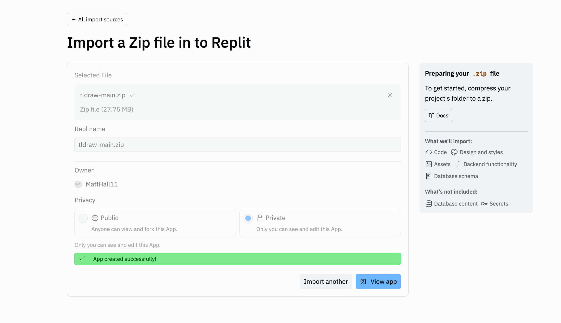 ZIP import feature showing import interface