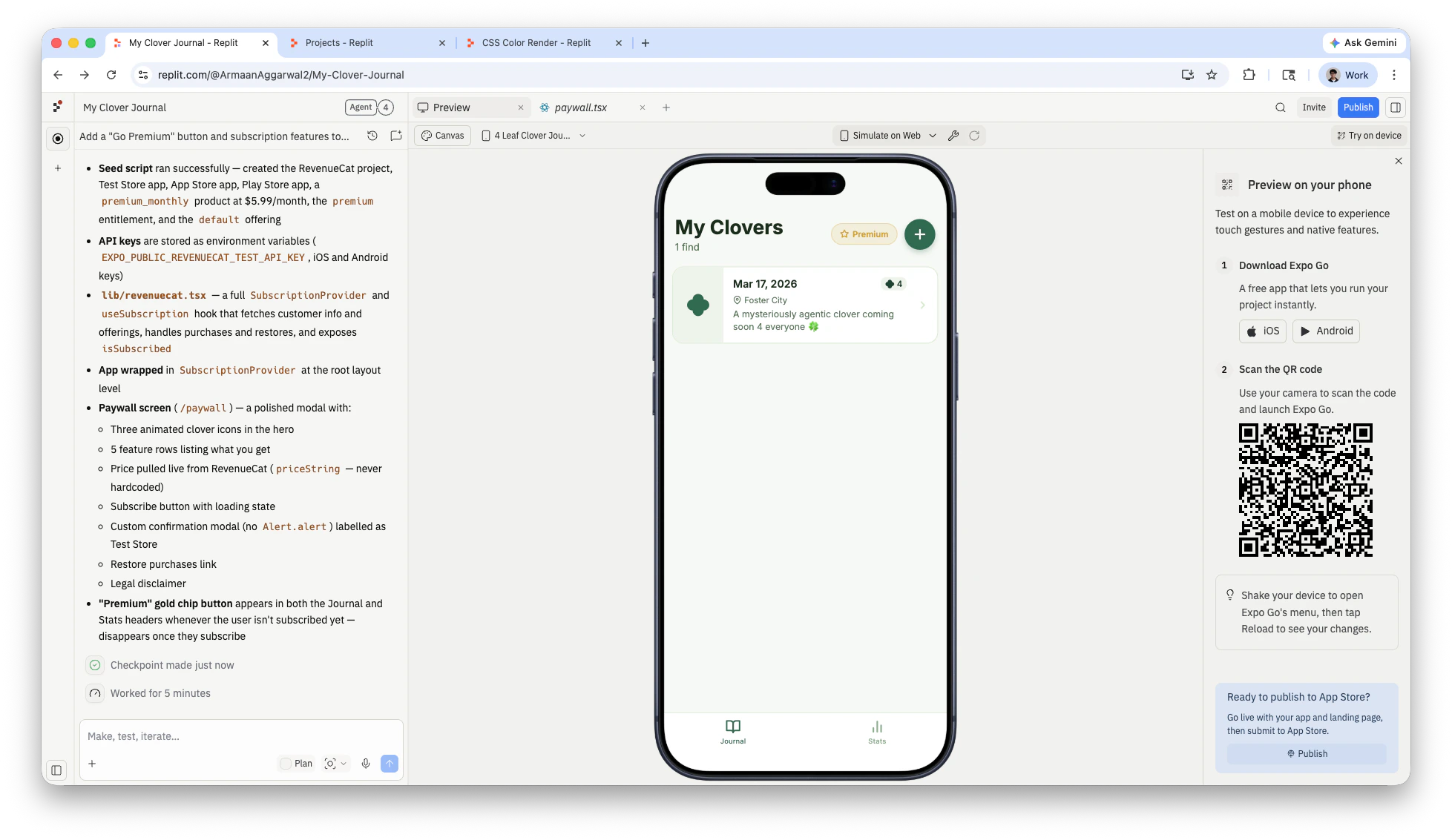 Agent summary showing the paywall screen with subscription features and pricing