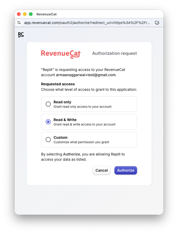 RevenueCat OAuth authorization page with Read and Write access selected
