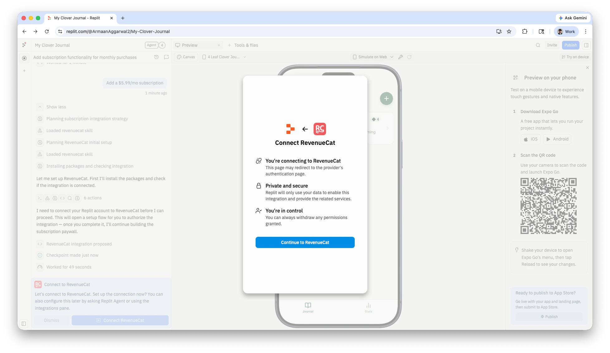 Connect RevenueCat modal showing privacy and security information