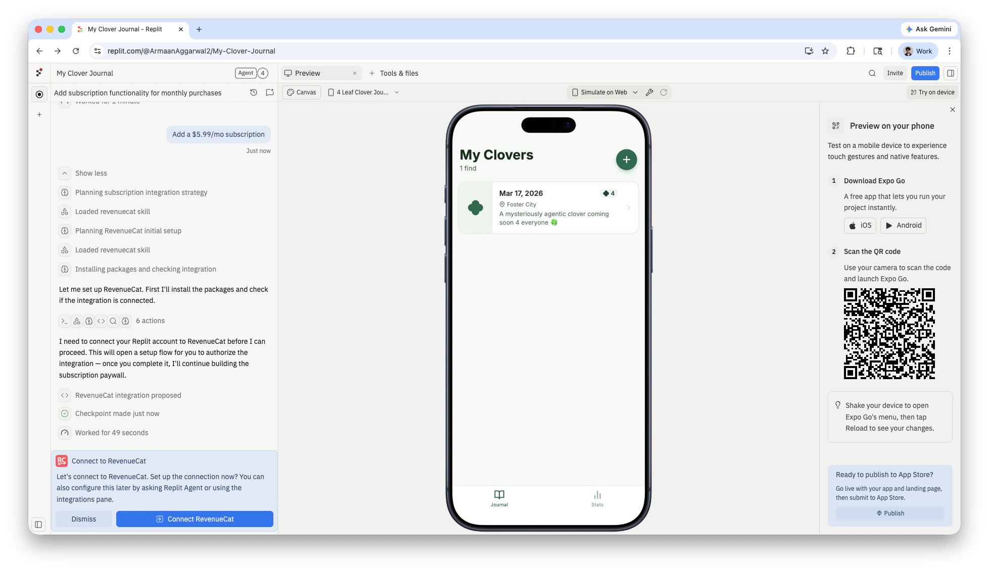 Agent chat showing the Connect RevenueCat banner with a Connect button