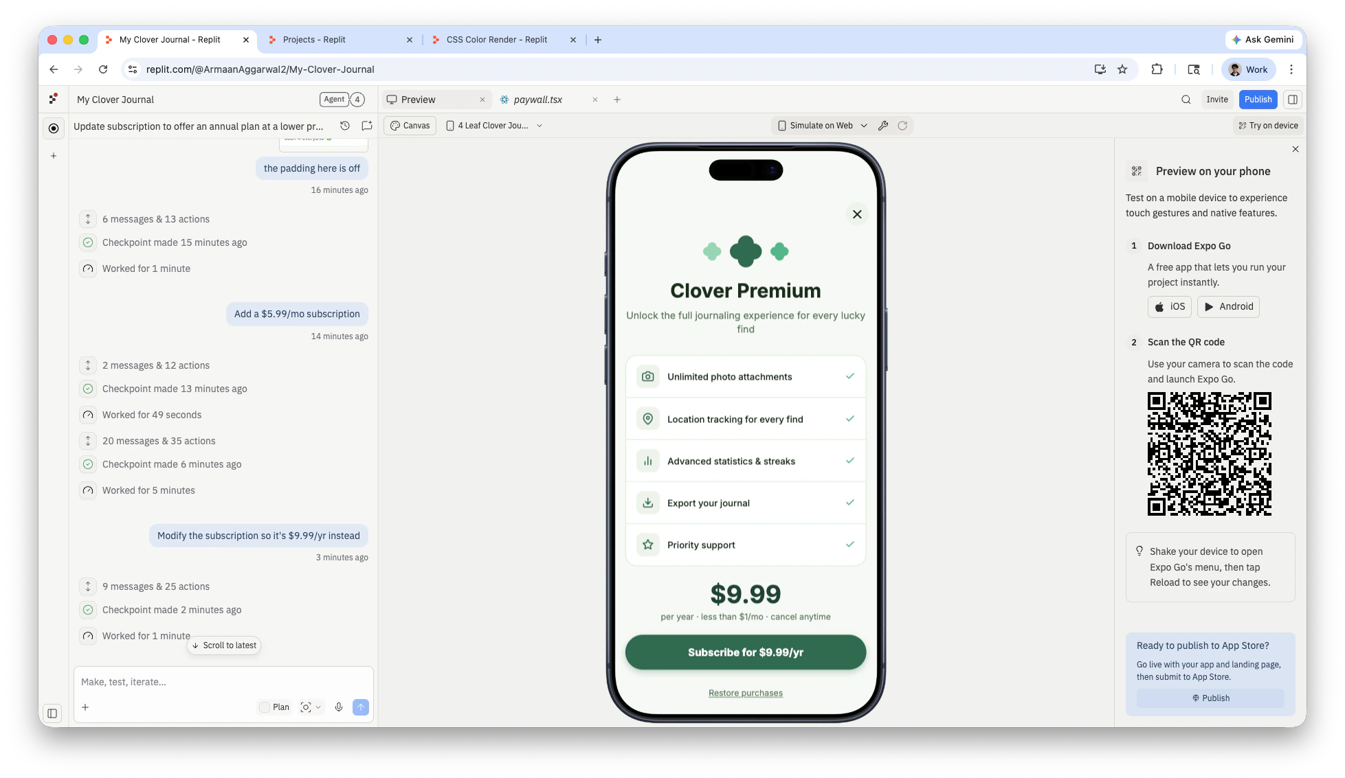 Replit Workspace showing Agent modifying the subscription price from monthly to yearly