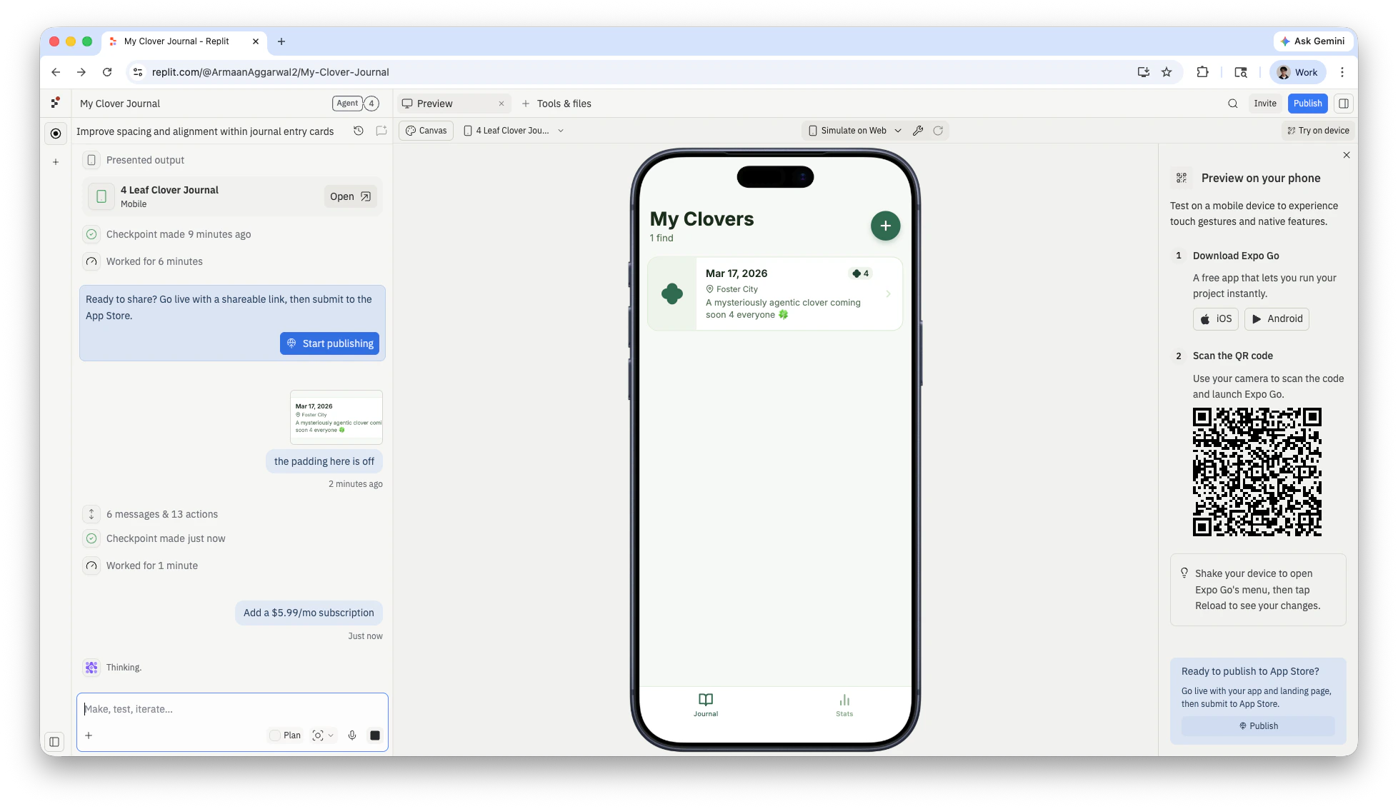 Replit Workspace showing Agent responding to a prompt to add a subscription