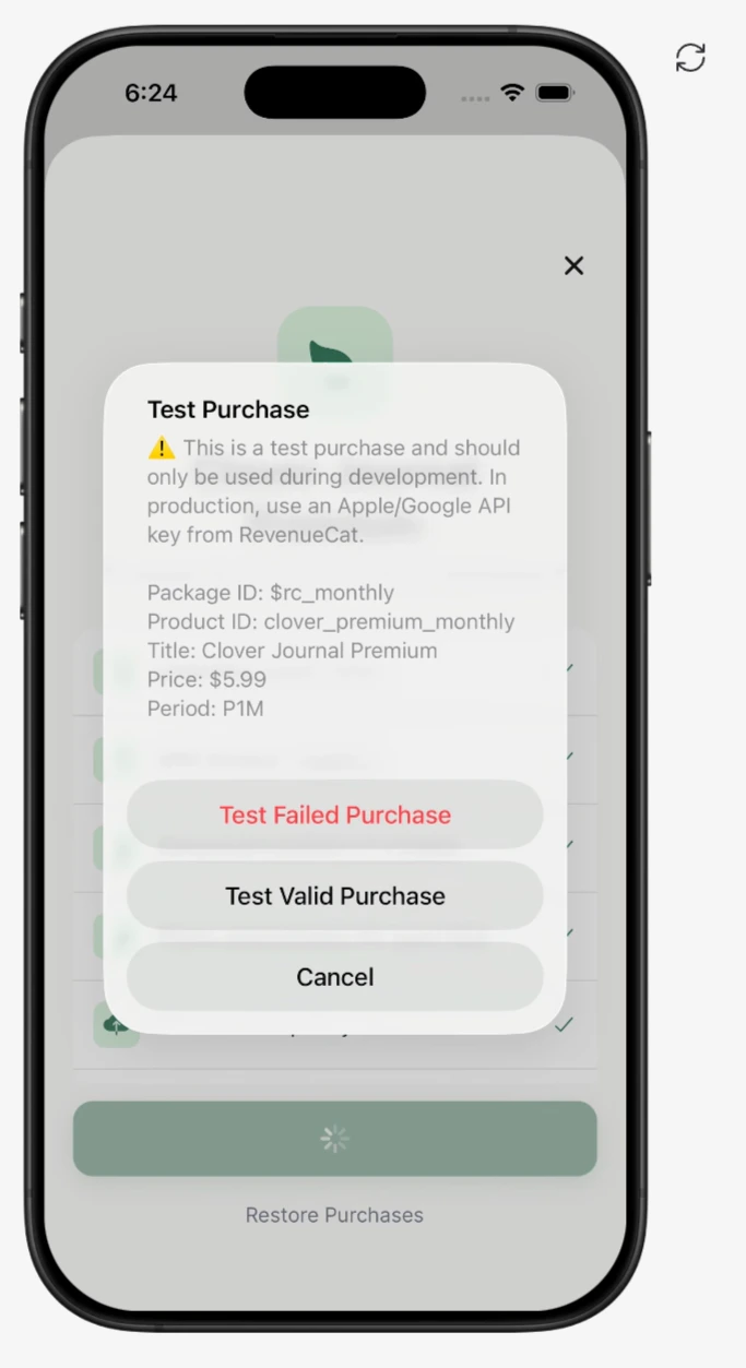 Test purchase dialog on a mobile device showing package details and test buttons