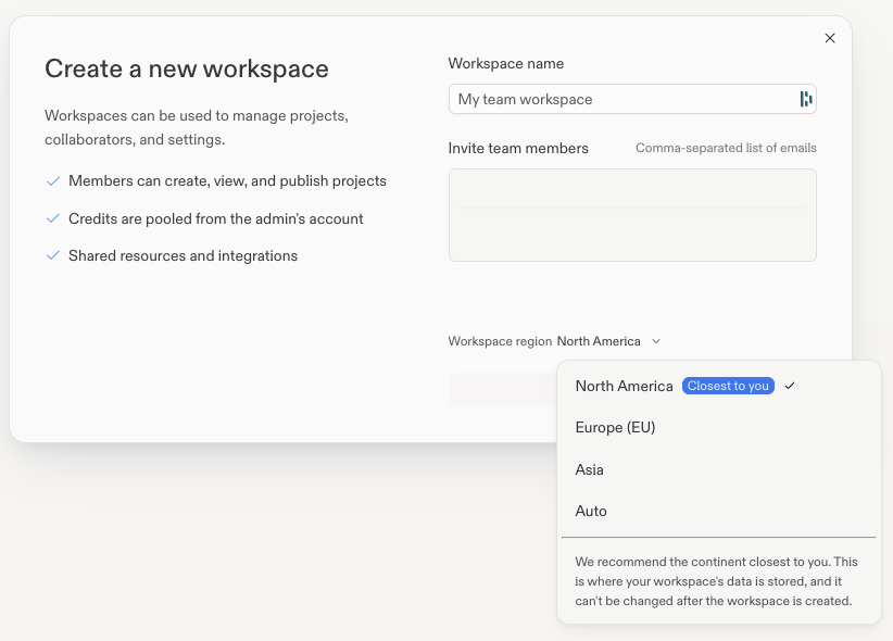 Create a new workspace form with the Workspace region menu open and North America, Europe (EU), Asia, and Auto options visible