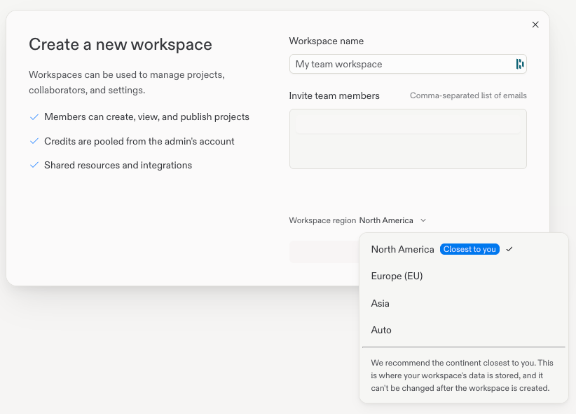 Create a new workspace form with the Workspace region menu open and North America, Europe (EU), Asia, and Auto options visible