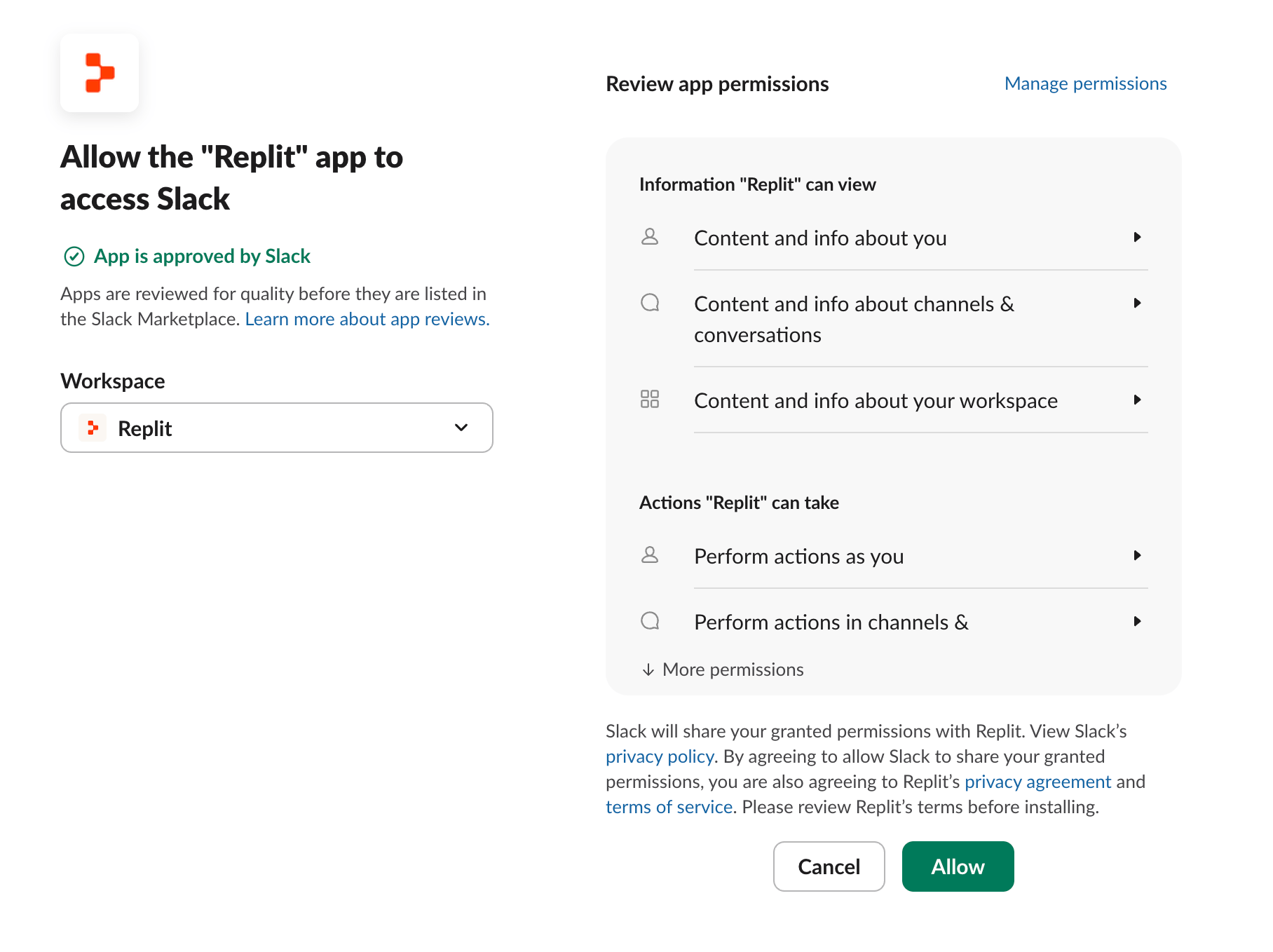 Slack 승인 마크가 표시된 'Replit 앱이 Slack에 액세스하도록 허용' 제목의 Slack 동의 화면, Replit으로 설정된 워크스페이스 선택기, Replit 앱이 볼 수 있는 정보 및 수행할 수 있는 작업, 취소 및 허용 버튼