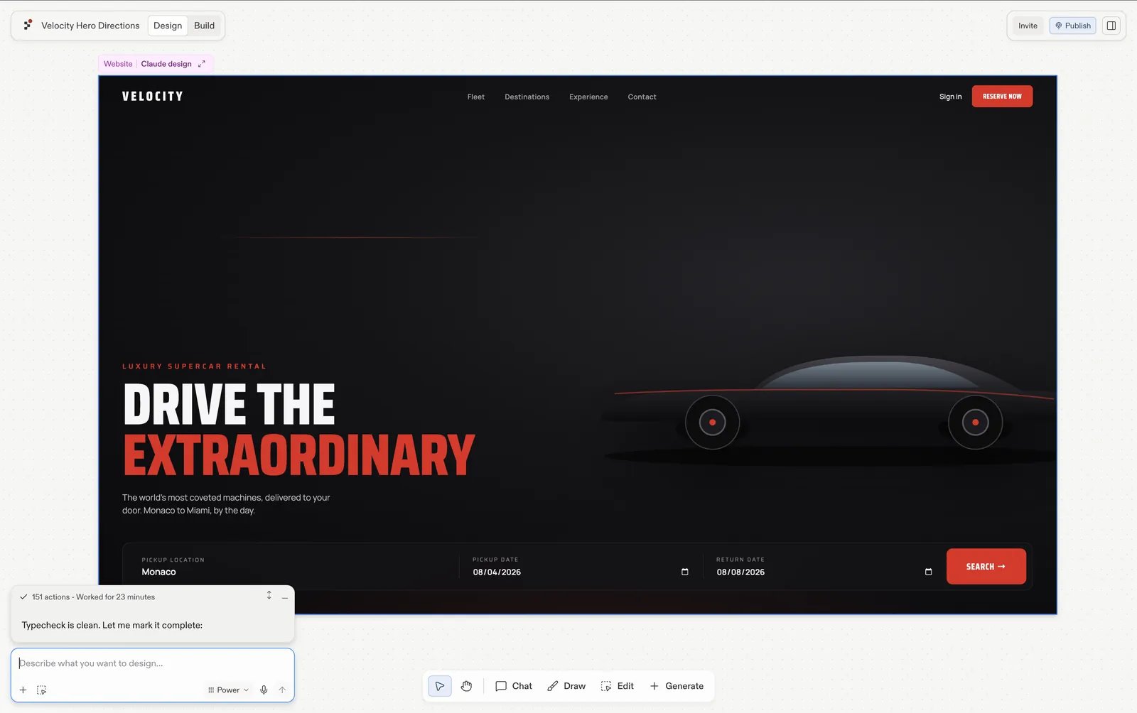 The Velocity supercar rental design sent from Claude, open as a Claude design frame in Replit Design with Agent's task marked complete in the chat panel