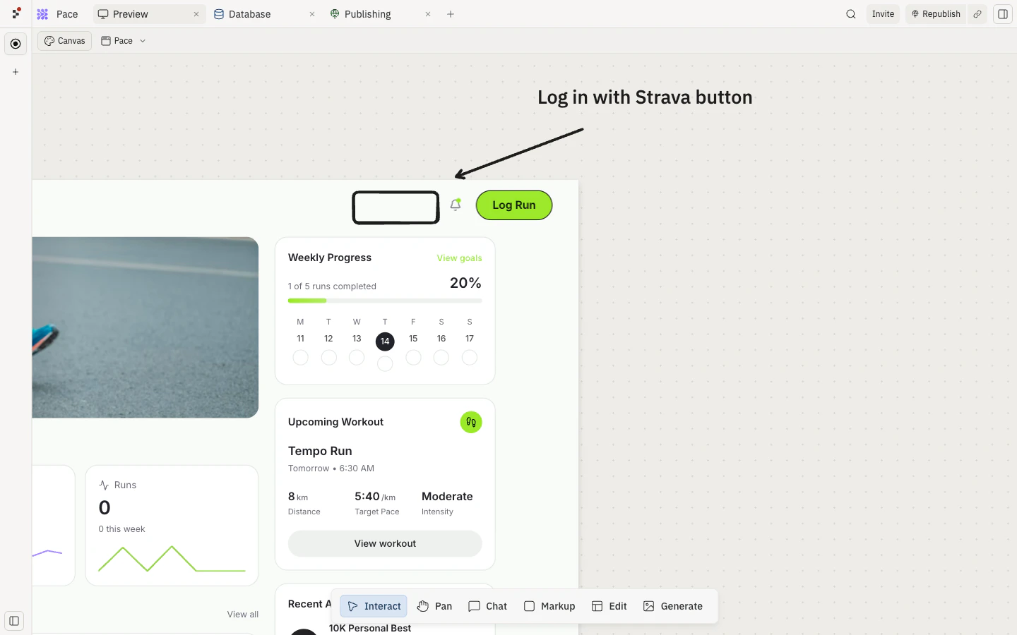 A fitness app frame on the Canvas with a rectangle, arrow, and text label pointing at the progress card, plus a pen sketch and label on the form area
