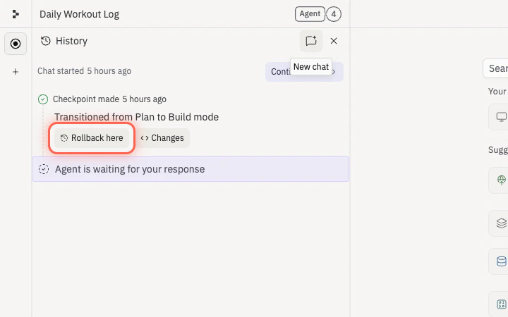 The Agent History panel showing a checkpoint labeled 'Transitioned from Plan to Build mode' with Rollback here and Changes buttons