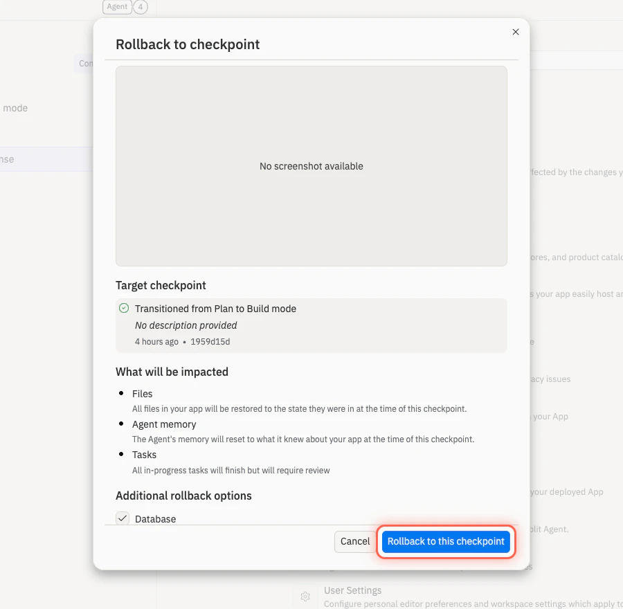 The Rollback to checkpoint confirmation dialog listing the target checkpoint and what will be impacted: files, Agent memory, tasks, and a Database checkbox