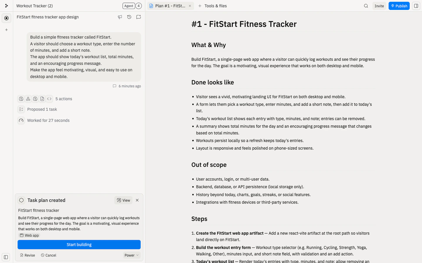 Expanded task plan showing What and Why, Done looks like criteria, Out of scope items, and numbered build steps