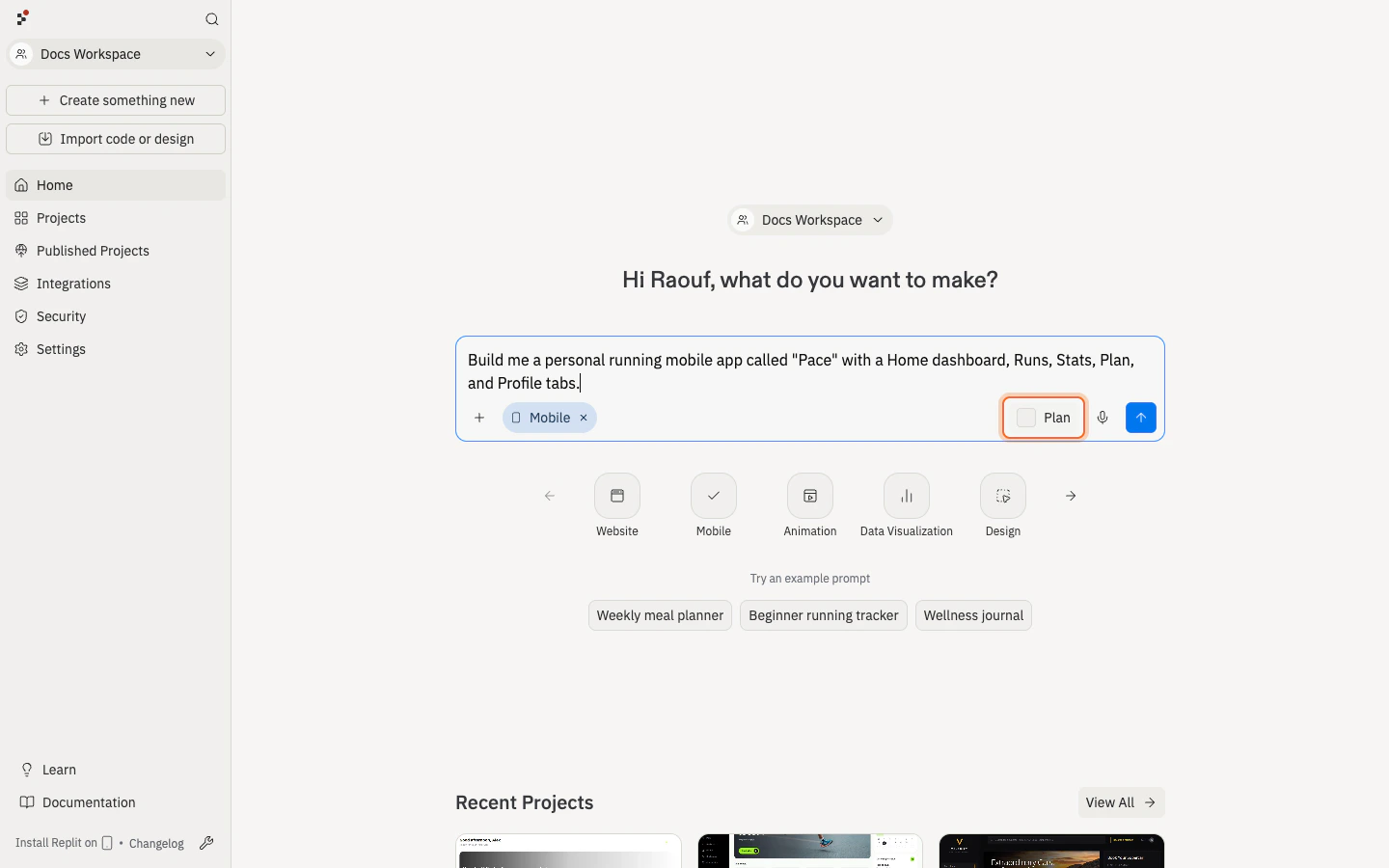 The Replit home prompt box with a running app prompt typed in and the Plan checkbox toggled on