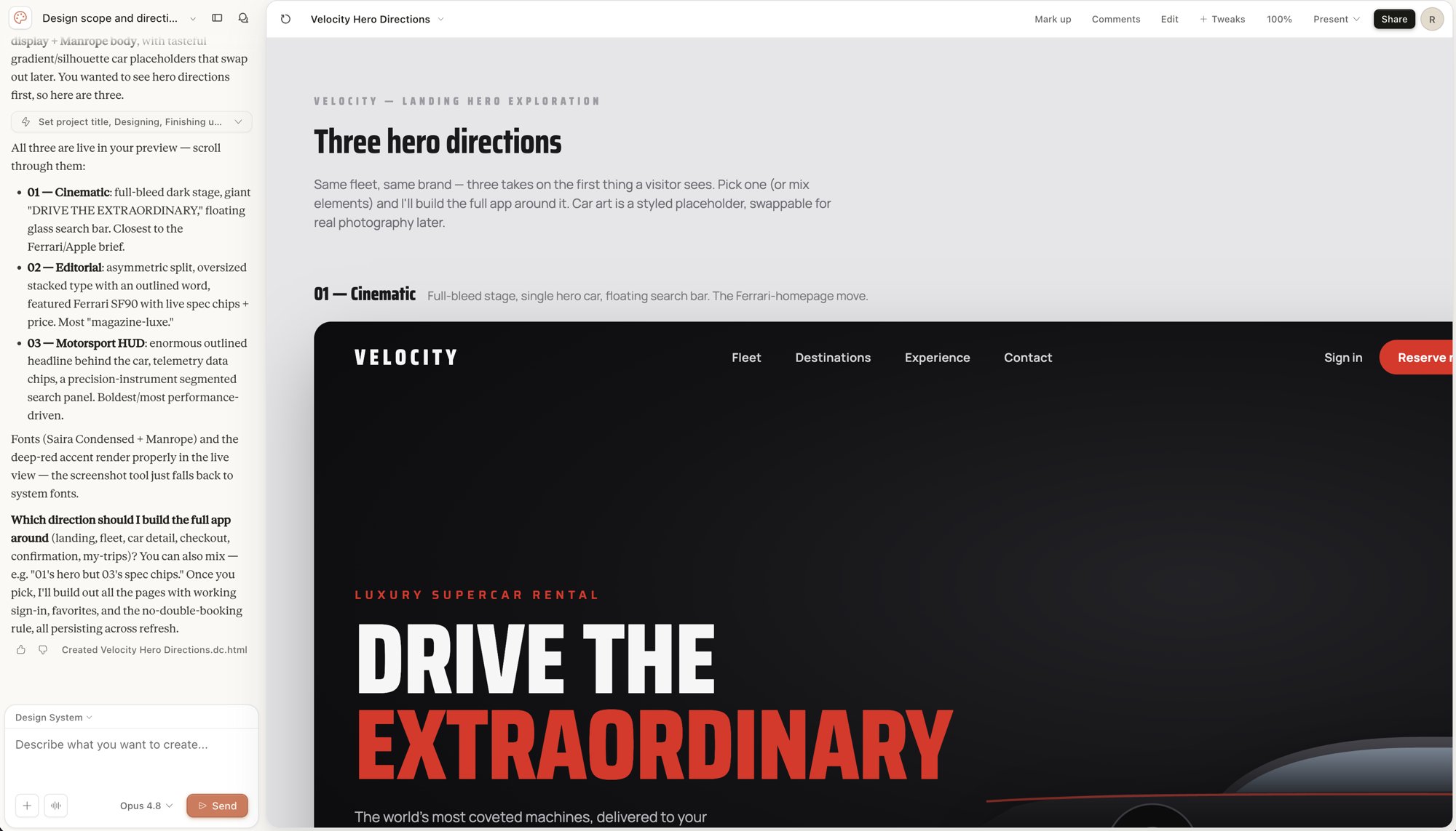 The Velocity design open in Claude's design canvas, the self-contained design you hand off to Replit to turn into an interactive app