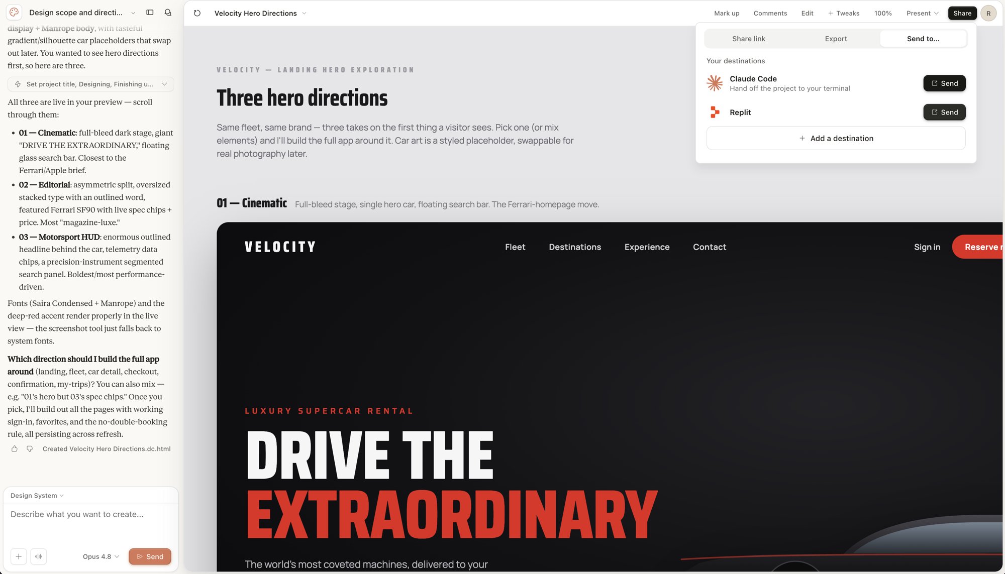 Claude's Send to… menu listing Replit as a destination alongside Claude Code