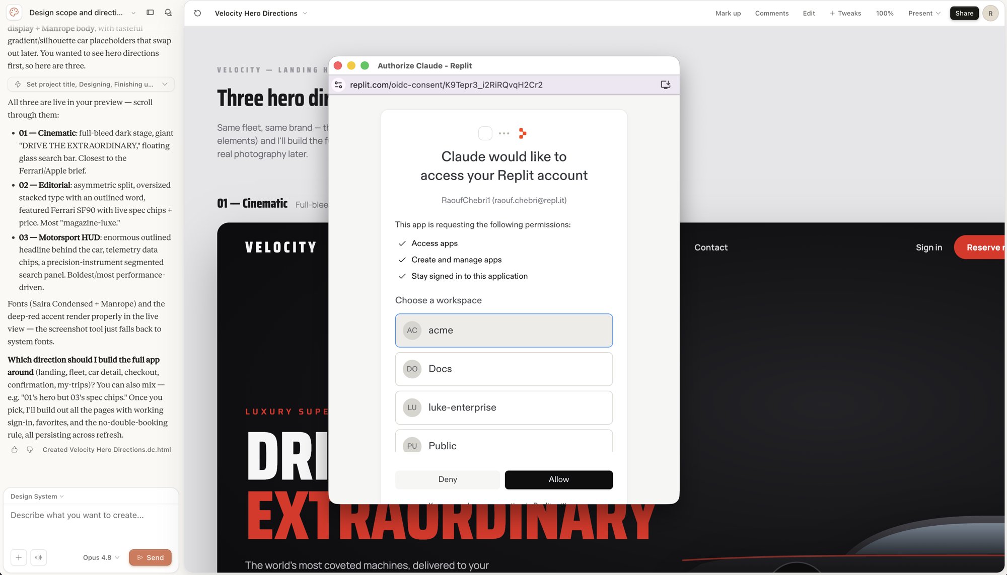 The Replit consent screen titled Claude would like to access your Replit account, showing the Access apps, Create and manage apps, and Stay signed in scopes with a workspace picker
