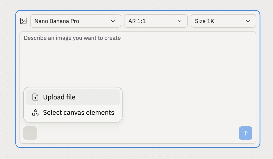 The Generate media form on Canvas with the plus menu open, showing the Upload file and Select canvas elements options and the model dropdown set to Nano Banana Pro