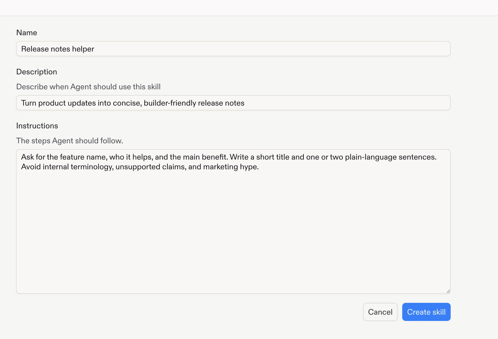 Team Workspace custom Skill form with name, description, instructions, and the Create skill button