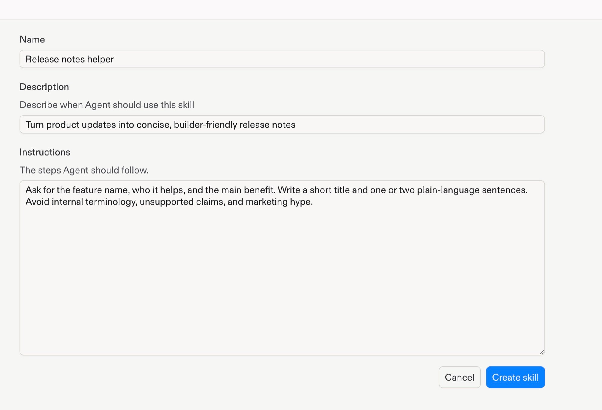 Team Workspace custom Skill form with name, description, instructions, and the Create skill button