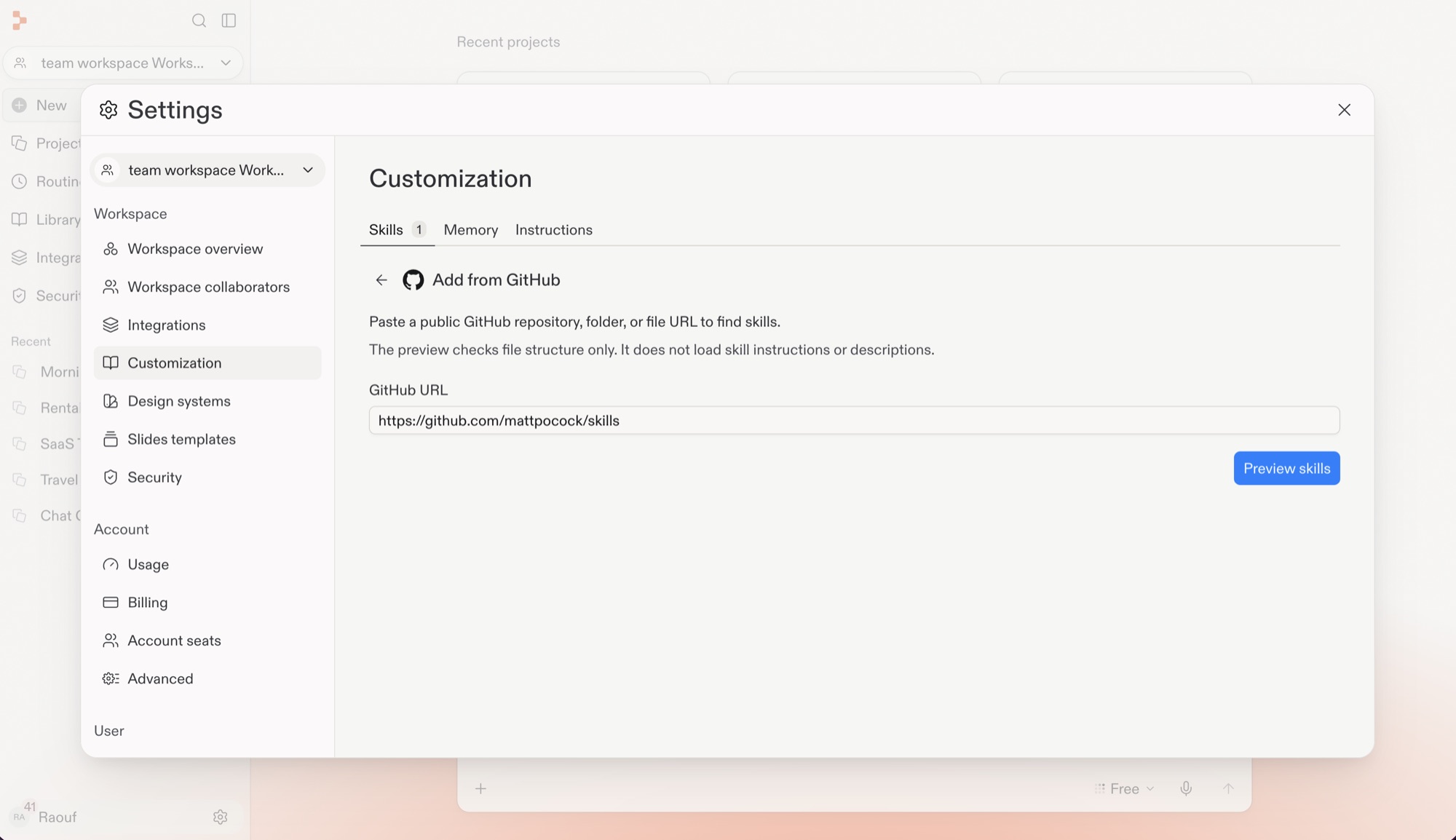 Add from GitHub page with a public GitHub repository URL and the Preview skills button