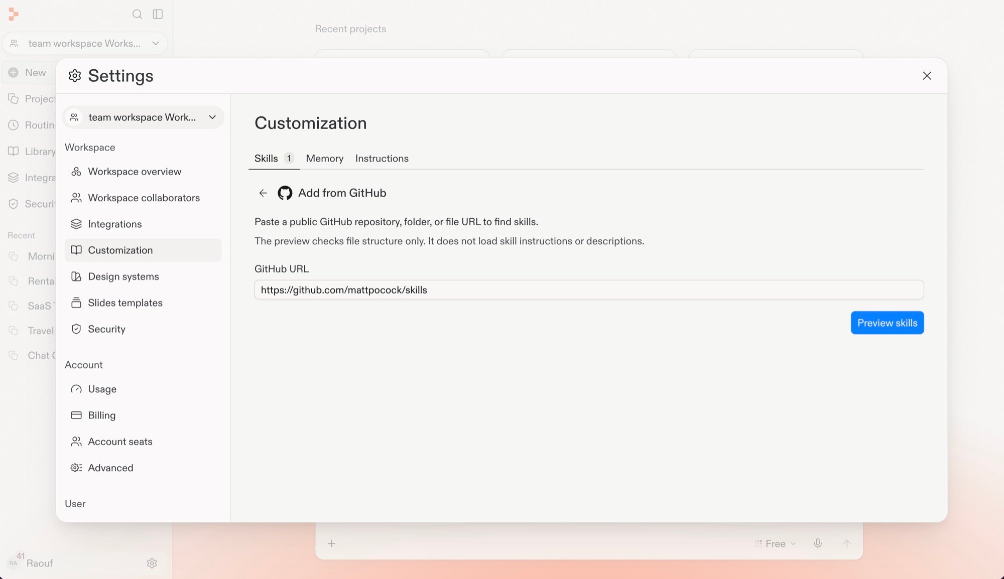 Add from GitHub page with a public GitHub repository URL and the Preview skills button