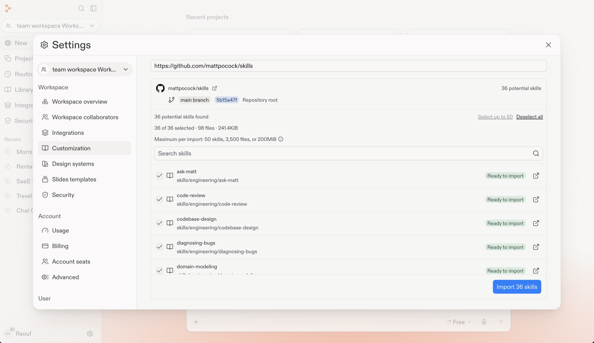GitHub Skill preview showing detected Skills with selection controls and the Import 36 skills button