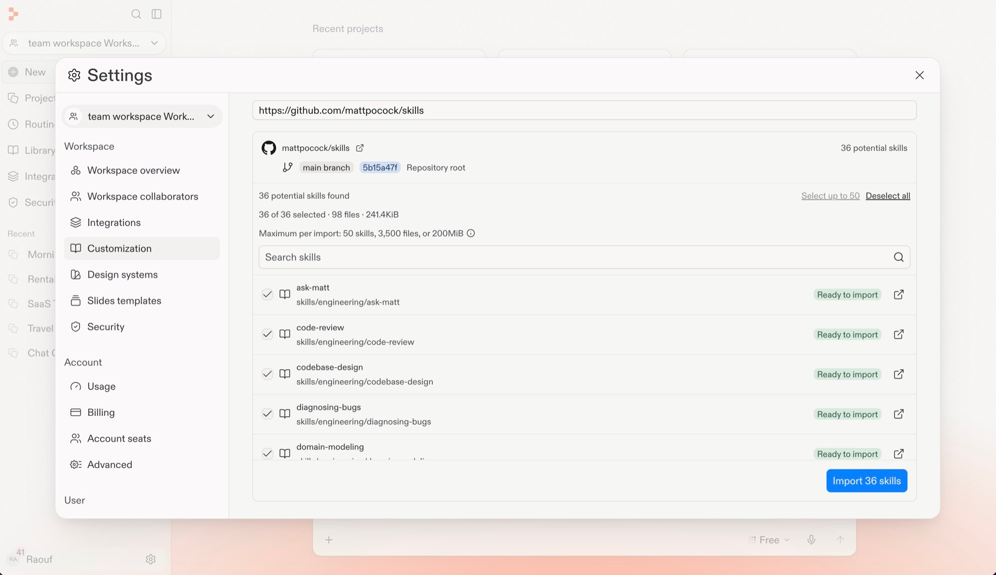 GitHub Skill preview showing detected Skills with selection controls and the Import 36 skills button