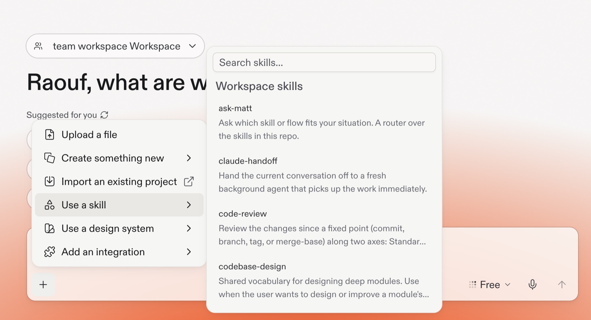 Agent Workspace Skills picker listing ask-matt, claude-handoff, and code-review