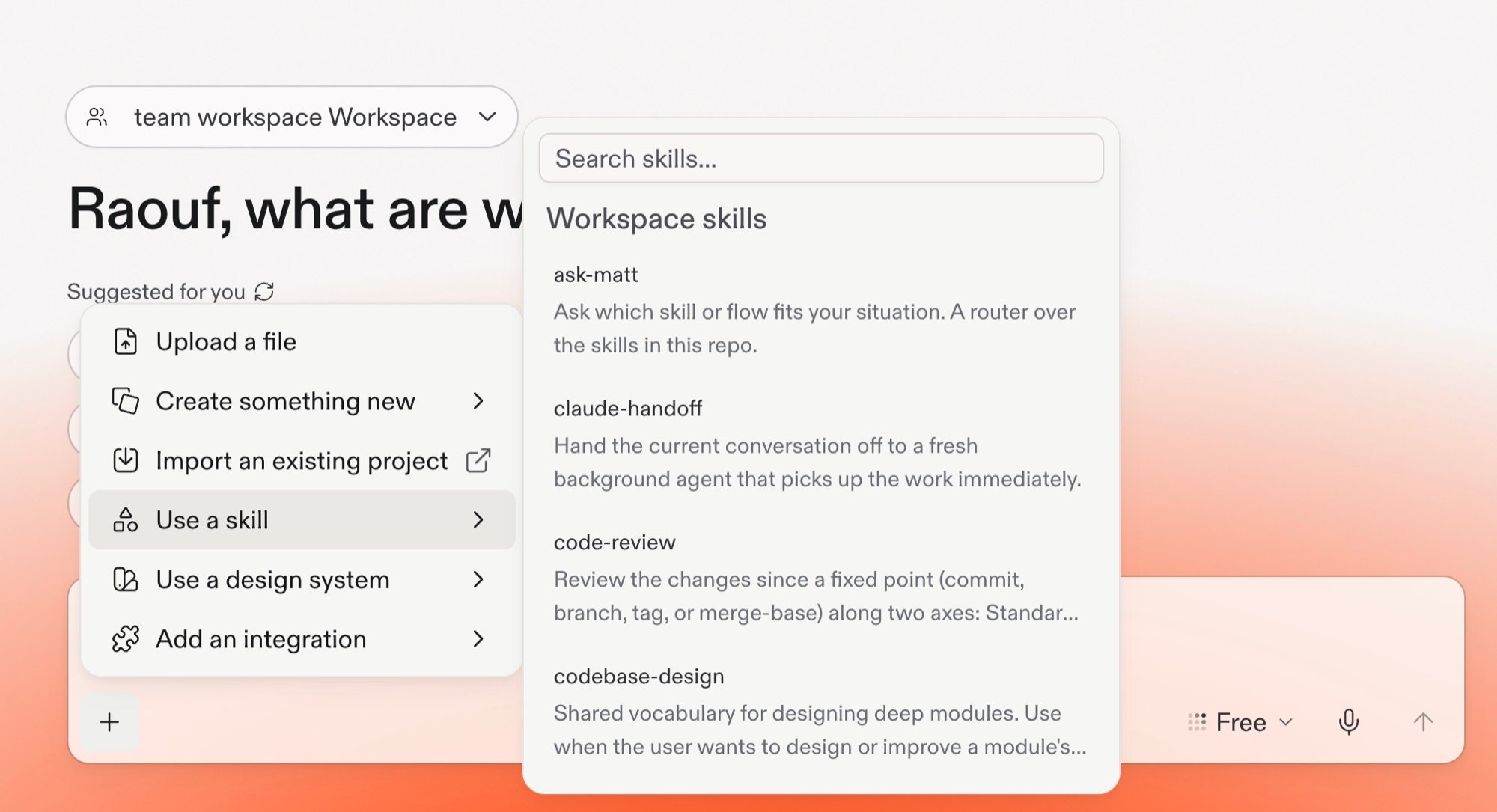 Agent Workspace Skills picker listing ask-matt, claude-handoff, and code-review