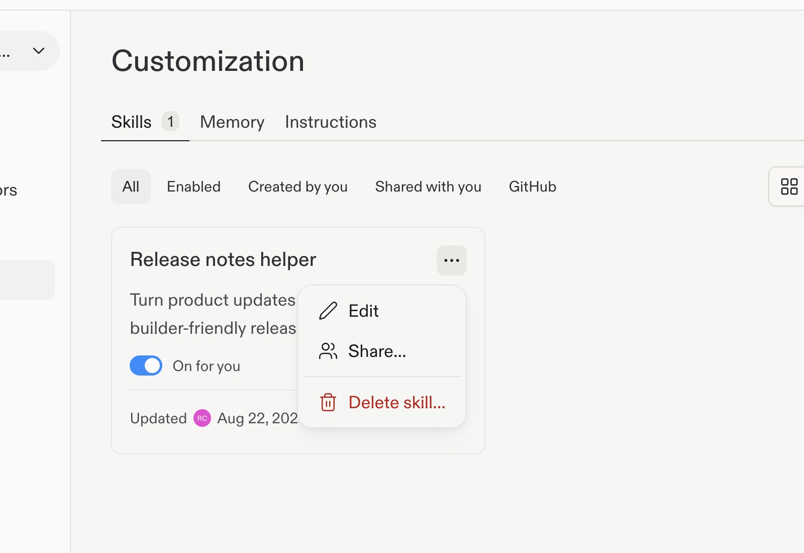 Workspace Skills page with an existing Skill's options menu open and the Share action visible