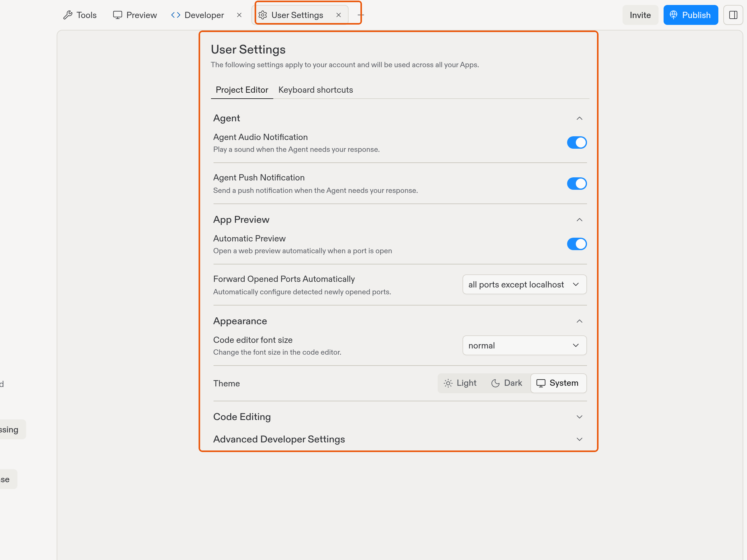 captura de tela da ferramenta Configurações do Usuário