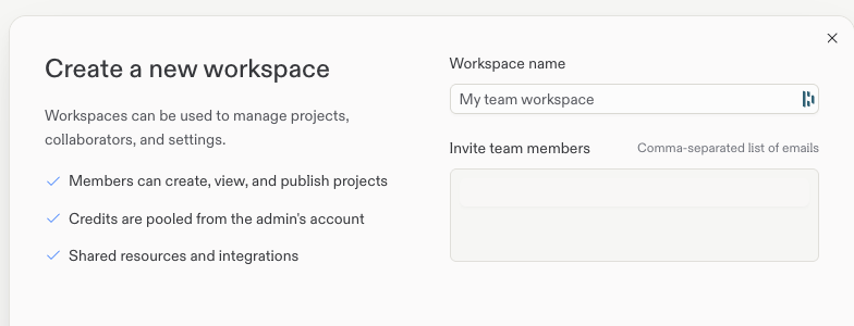 Create a new workspace form with a generic workspace name and a blank field for inviting team members