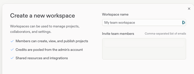 Create a new workspace form with a generic workspace name and a blank field for inviting team members