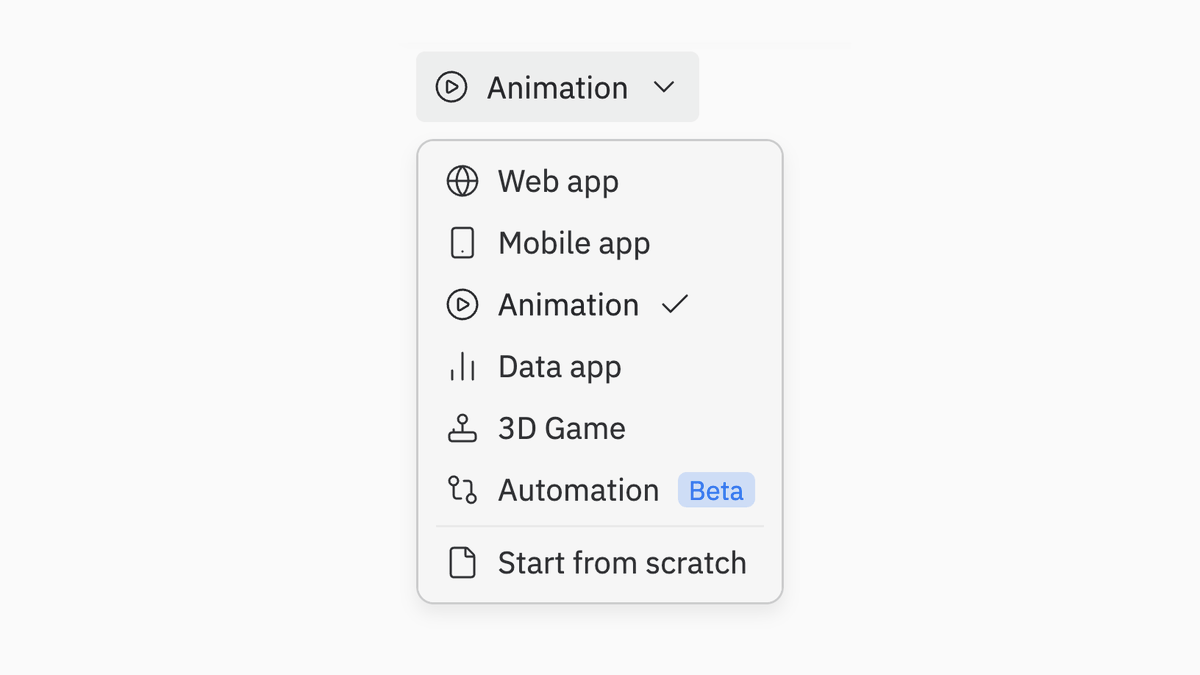 App type dropdown showing Animation selected among options including Web app, Mobile app, Data app, 3D Game, and Automation