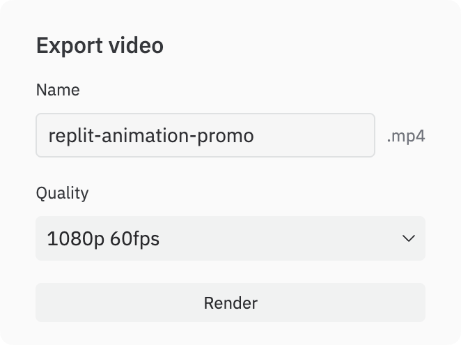 Export video dialog showing Name field, Quality dropdown set to 1080p 60fps, and Render button
